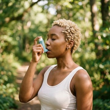 Young woman using inhaler for asthma outdoors in nature