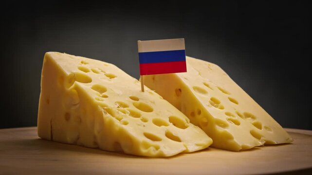 Precise slice of hard cheese from Russian farms and Russia flag.