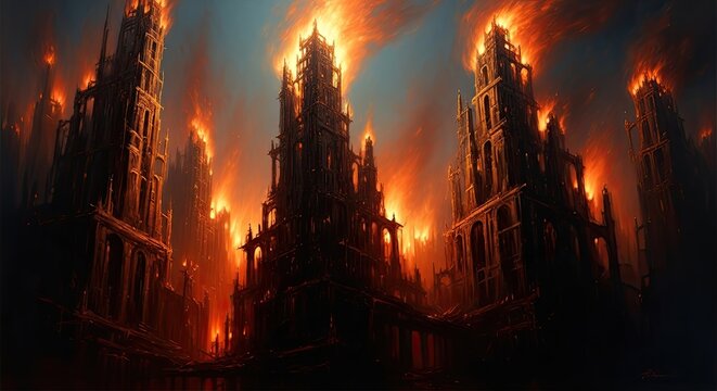 Fiery cathedral spires a dramatic digital painting of gothic architecture ablaze