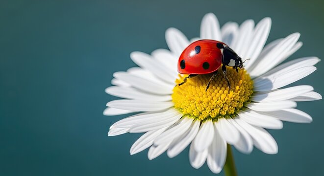 A vibrant ladybug rests on a delicate white daisy with a bright yellow center nature's beauty