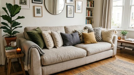 Fototapeta premium Cozy living room with a comfortable sofa adorned with various decorative cushions and throws