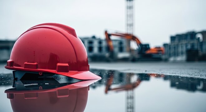 Construction safety a red hard hat reflects on a wet surface at a building site