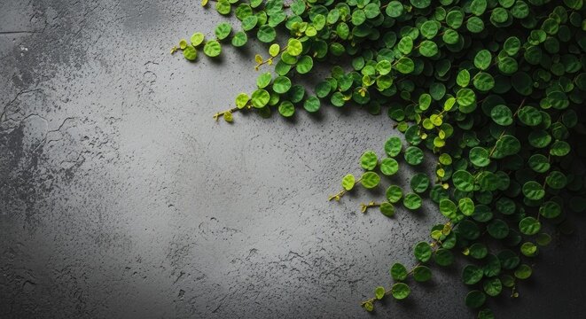 Lush green ivy cascading down a textured gray concrete wall natural beauty