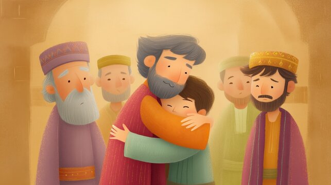 Jacob giving joseph a colorful coat in a biblical story scene