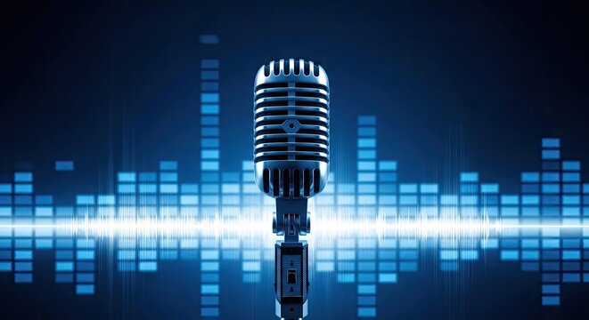Vintage silver microphone against a vibrant blue digital audio waveform background