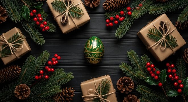 Festive christmas gift arrangement with natural elements and warm tones