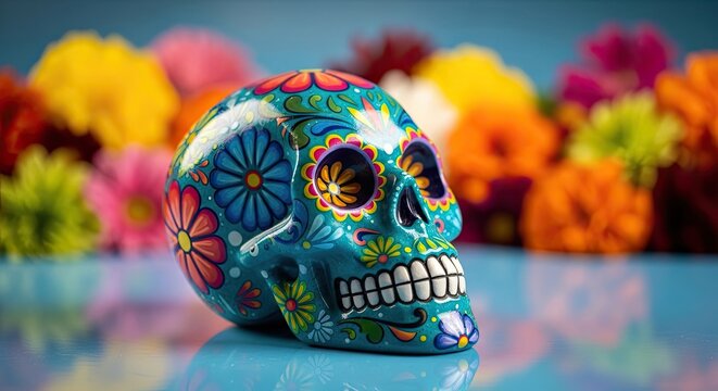 Vibrant day of the dead skull surrounded by colorful cempas chil flowers a celebration of life