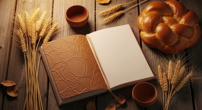 Autumnal still life with challah wheat and open book on rustic wooden surface