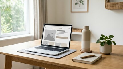 Fototapeta premium Minimal workspace with a laptop and product placed on a clean desk under soft natural light creating a modern online store scene