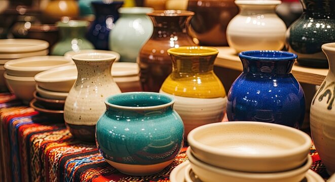 Assortment of colorful ceramic vases and pots displayed on a wooden surface