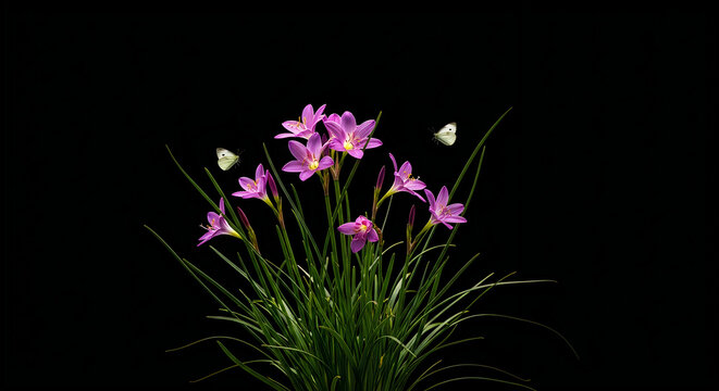 A beautiful cluster of vibrant purple rain lily flowers set against a solid dark black background illustration