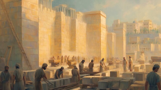 Construction of the ancient Temple in Jerusalem, workers and craftsmen, King Solomon overseeing