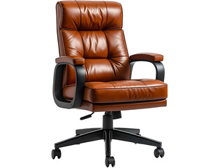 Fototapeta premium Padded brown leather office chair with armrests on wheels