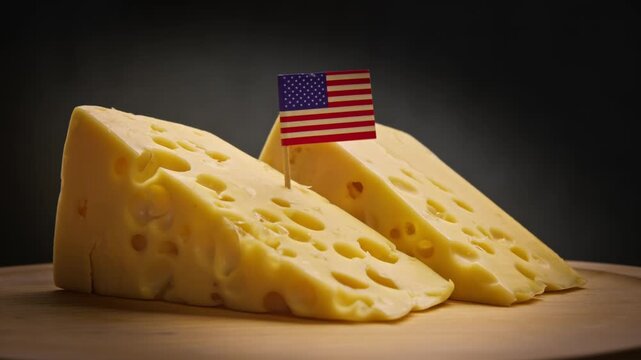 Two rotating hard cheese triangles for burgers from farms and USA flag.