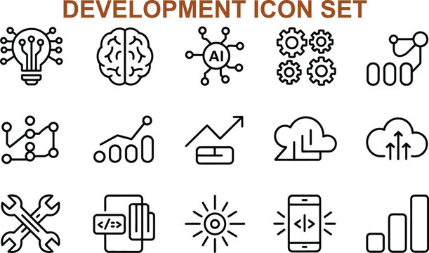 Development icon set with various business and technology symbols and graphics