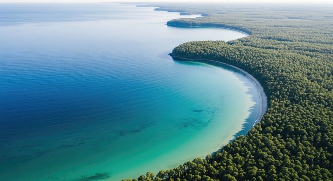&ldquo;Aerial view of ocean meeting land with smooth curves, turquoise water blending into green forests, soft lighting, minimal and calming composition, modern nature aesthetic, ultra high resolution&rdquo;
