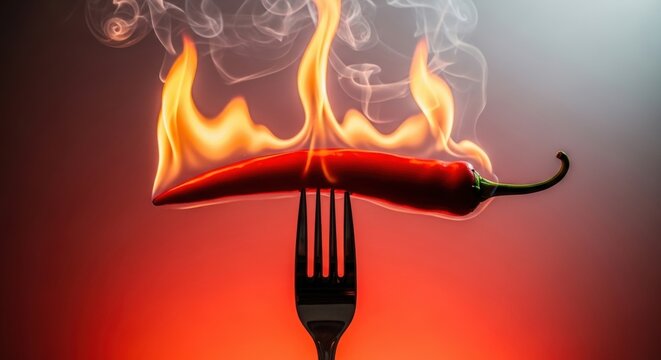 A fork holds a fiery red chili pepper on fire