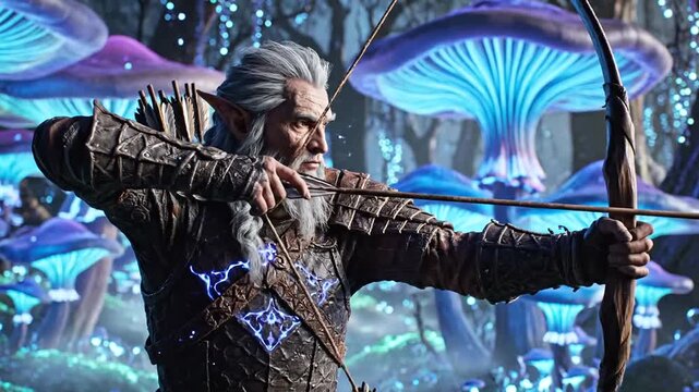 Mysterious Elf Archer in Bioluminescent Mushroom Forest.