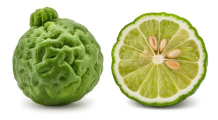 Fototapeta premium One whole kaffir lime and a sliced half displaying seeds, isolated on a plain white background