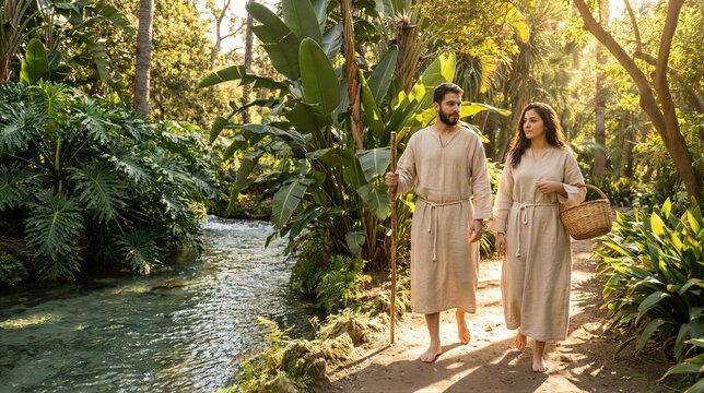 Adam and Eve walking in the garden of Eden with a basket. Biblical characters exploring a lush tropical paradise. Religious scenery depicting the creation of humanity and nature.