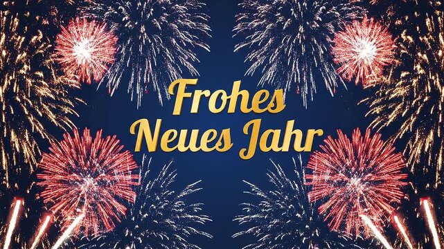 Golden &ldquo;Frohes Neues Jahr&rdquo; text glowing amid colorful fireworks bursting in dark night sky.