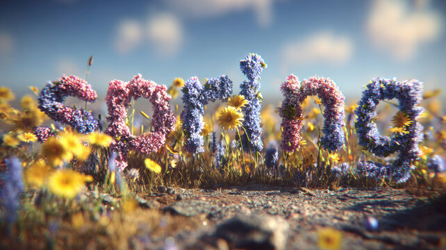 A vibrant, 3D rendering of a field of flowers with the word Gardening spelled out in the middle, set against a backdrop of a clear blue sky.