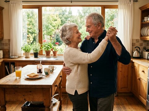 Senior couple happily dancing in their kitchen