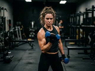 Fototapeta premium Strong woman curling dumbbells building muscle during gym workout