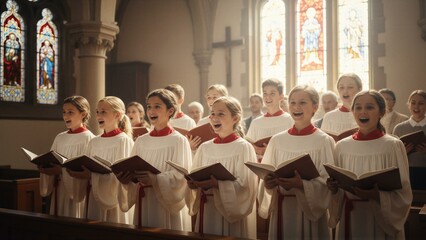 Fototapeta premium Young girls and boys singing in church choir, holding hymnals in a Christian worship service. Religious children singing hymns for Pentecost.
