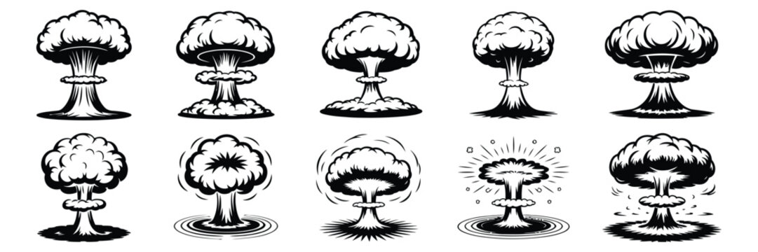 Nuclear blast mushroom cloud icon set, minimal vector symbols depicting atomic explosion, fire, and smoke effects, modern design suitable for disaster awareness, science, and infographic projects.