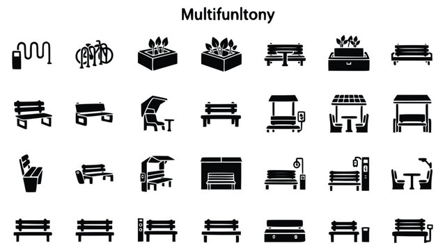 Multifunctional park bench icons including planters and tables