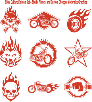 A bold set of red biker culture emblems featuring flaming skulls, custom motorcycles, and a fiery wolf head