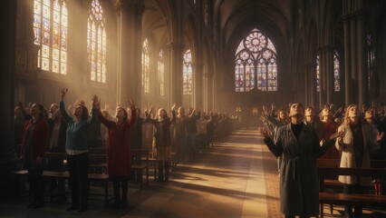 Fototapeta premium Group of women and men in church with colorful stained glass windows, hands raised in praise. Spiritual worship event, Holy Spirit concept.