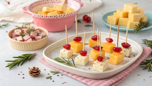 Cheese cubes with toothpicks in festive colors create a delightful holiday snack display on a table