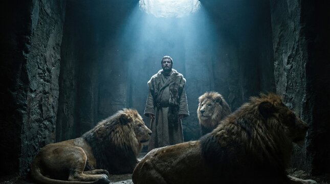 Man in fur robe, prophet Daniel, stands with lions in a dark cave. Christian bible story of Daniel in the lions den from the Old Testament.
