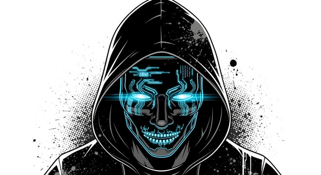 Cyberpunk Hacker Face with Glowing Blue Eyes in Hoodie