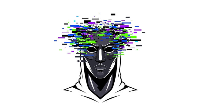 Glitch art mask head exploding into digital data fragments