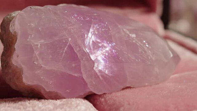 A rough pink quartz crystal resting on a soft pink surface