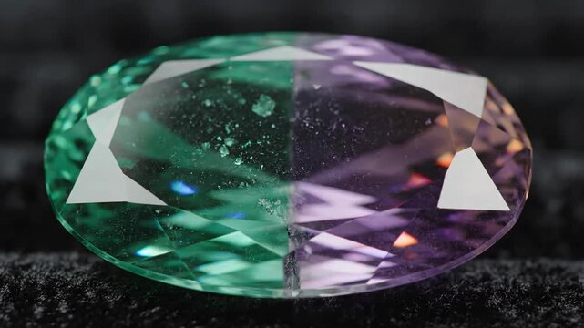A round faceted bi-color gemstone in shades of green and purple