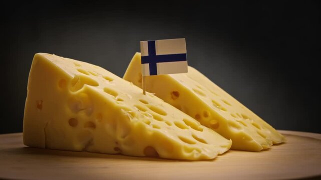 Contrasting lighting of two large cheese pieces with typical holes, Finland's blue-white flag on toothpick creates national flavor.