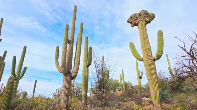 Rare crested saguaro cactus with fan shaped growth stands in desert landscape at Saguaro National Park Arizona