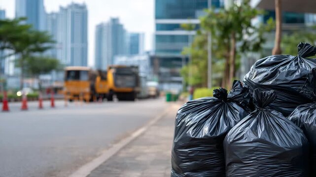 Close-up detail of tightly bound black garbage bags with subtle highlights, stacked in rows along a concrete street, shallow depth of field showing distant blurred urban features,