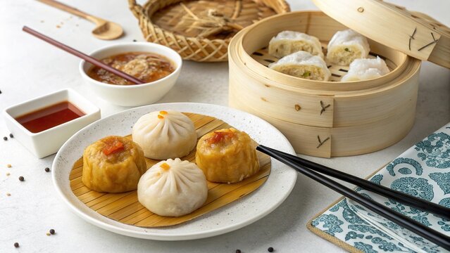 Enjoying Chinese sticky rice cakes nian gao with delicious dipping sauces and steamed dumplings on a beautiful dining table