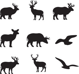 Fototapeta premium Collection of black animal silhouettes on white background featuring deer and birds in various poses and antler styles