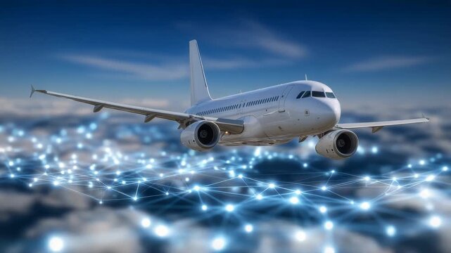 Close-up of a commercial airplane soaring above clouds, digital semi-transparent network map overlay above, connecting flight paths and analytics nodes glowing, cinematic sunlight