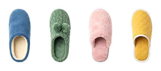 Fototapeta premium Colorful house slippers in various styles and textures, including fuzzy, knitted, and quilted designs, for cozy indoor comfort.