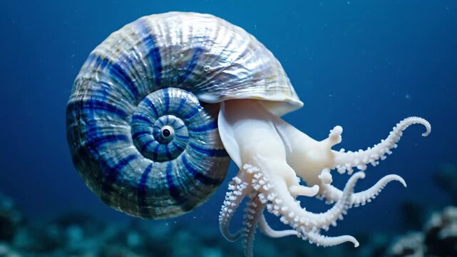 A spiral shelled sea creature with tentacles in the ocean