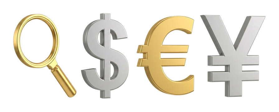 Magnifying glass, dollar, euro, and yen symbols representing global currency search and financial analysis concepts.