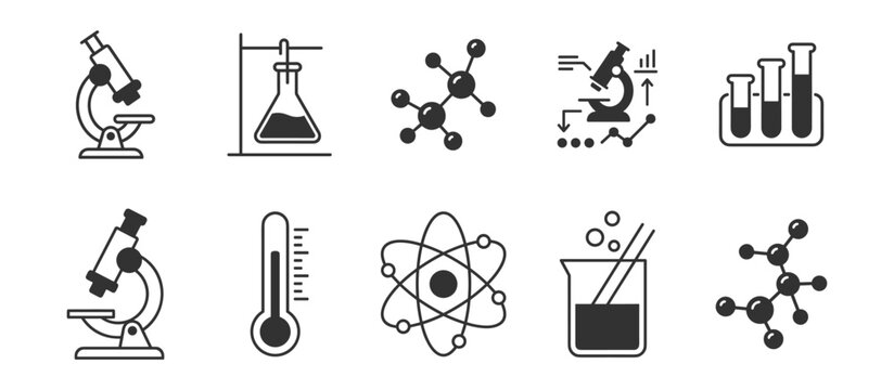 science laboratory icons set with microscope flasks test tubes molecules thermometer and atomic structure on transparent background