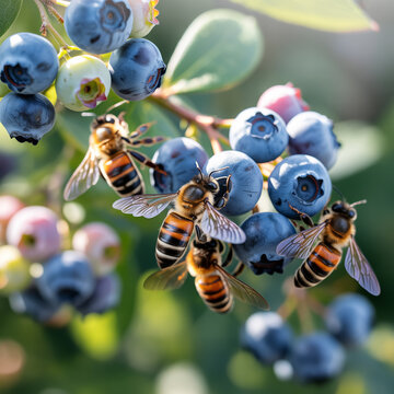 Nature photograph of honey bees pollinating a blueberry bush.
